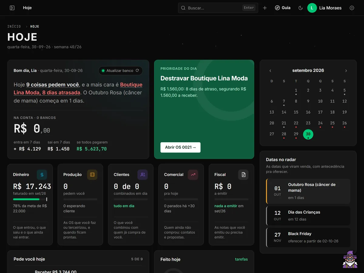 Página Hoje com a prioridade do dia: destravar um cliente com 8 dias de atraso.