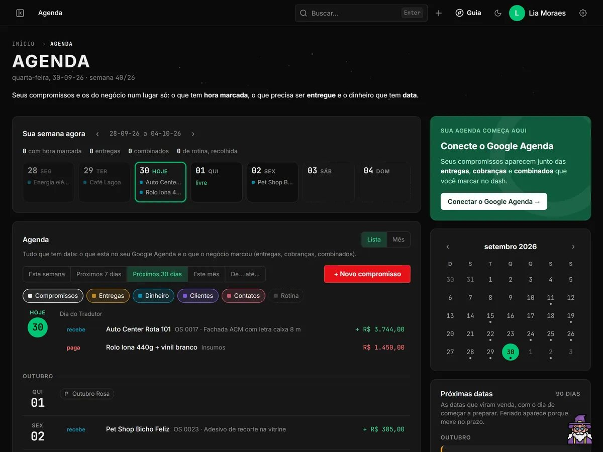 Agenda da semana com entregas, cobranças e compromissos.